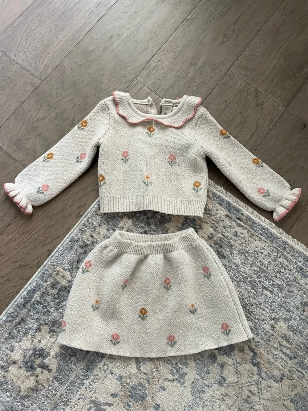 Girls Two-Piece Knit Floral Sweater Set - Cream with Pink & Mustard Flowers